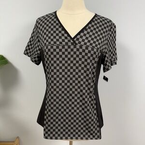 NWT Cherokee Scrub Top M Black & Pewter Gray Check Scrubs Finish Line Flag RN